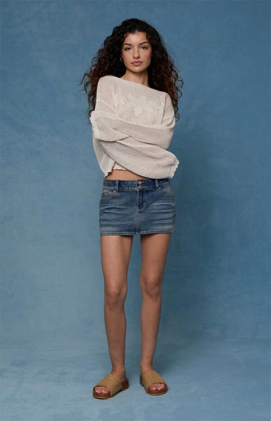 Piper Stretch Whisker Medium Blue Jean Micro Mini Skirt