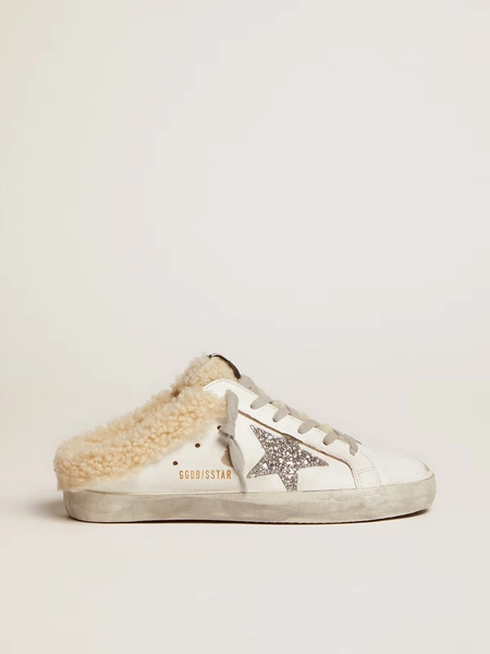 Women's Super-Star Sabot in white leather and shearling lining