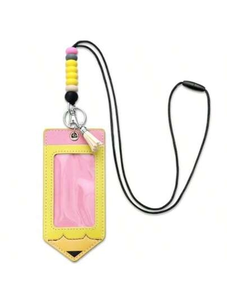 2 Pcs Pencil Teacher Lanyards For ID Badges And Keys Pencil ID Badge Holder With Breakaway Lanyard Silicone Bead Lanyards Cute Teacher Badge Holder For Office Gifts
