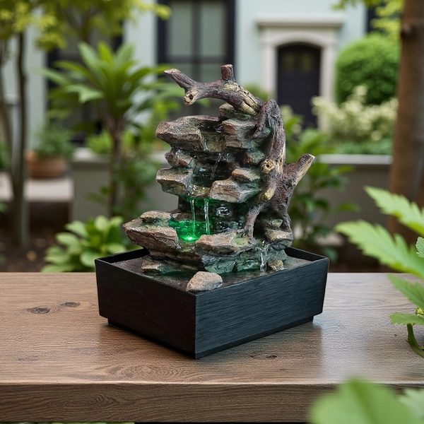 1pc Zen Meditation Waterfall Fountain with USB-Powered LED waterfall - Indoor/Outdoor Desktop or Garden Decor, Realistic River Rocks, Soothing Green Ambient Lighting for Home, Office, Yoga, Meditation - No Batteries Needed, Easy Setup., Natural Rock Design, Handcrafted Look, Yoga Space, Serene Decor, Resin Construction, Yoga Practitioners