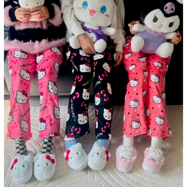 Sanrio Hello Kitty Pajamas Pants Black Pink Anime Flannel Women Warm Woolen White Cartoon Casual Home Pant Autumn Grils Trousers - AliExpress 26