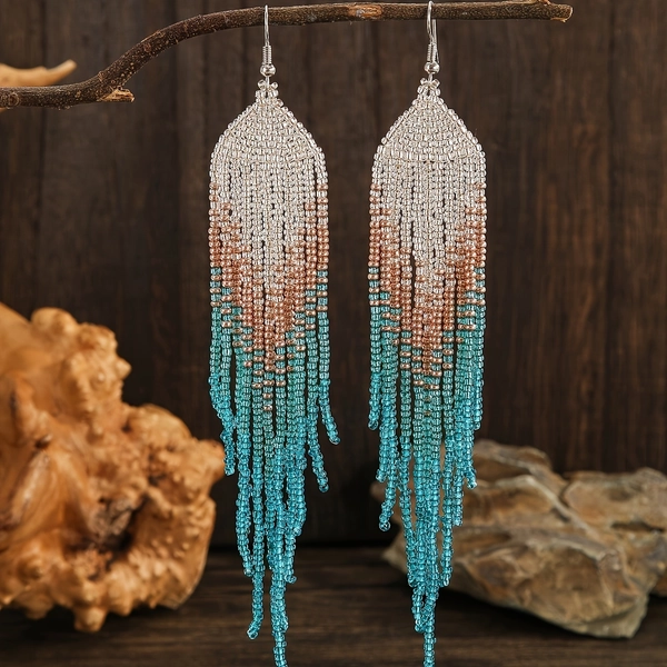 1 Pair Bohemian Style Handmade Beaded Rhombus Long Tassel Dangle Bead Earrings Suitable for Women's Daily Wear