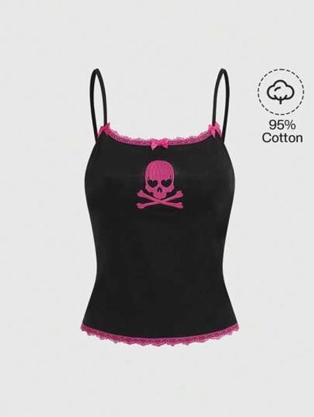 ROMWE Kawaii Skull Embroidery Contrast Lace Bow Detail Cami Top