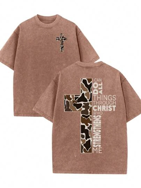 230g Washed Batik Vintage Short-Sleeved T-Shirt, Double-Sided Printed Flowers, Christianity, Men, Cross, God.