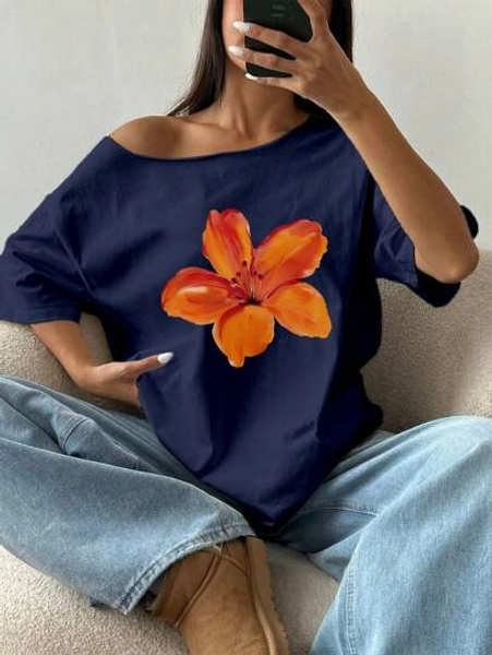 Flirla Women's Loose Floral Hibiscus Off Shoulder Short Sleeve T-Shirt, Oversized, Navy Blue