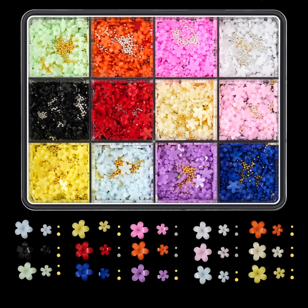 Chinese Style 1500pcs, 12-Grid Colorful Five-Petal Flower Nail Art Charms Set, 3D Resin Flowers, Golden And Silvery Caviar Beads, Hypoallergenic, Fragrance-Free, Suitable for Manicure And DIY Crafts, Nail Design Decoration