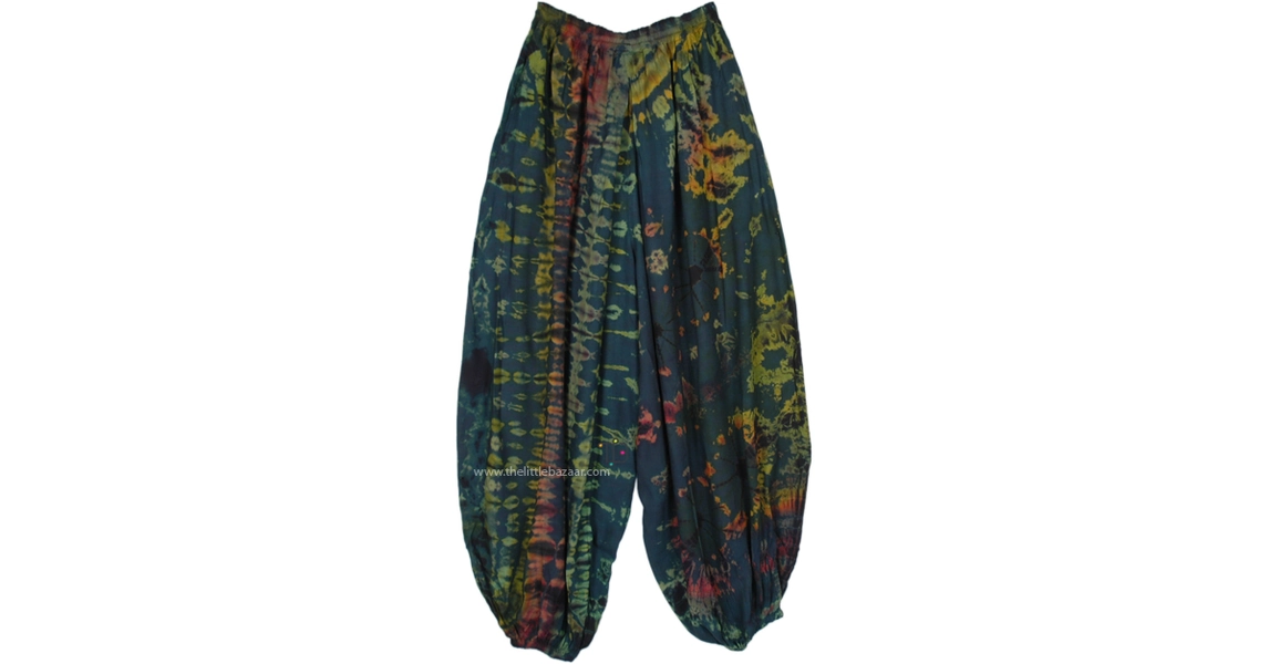 Green Boho Splash Tie-Dye Harem Pants