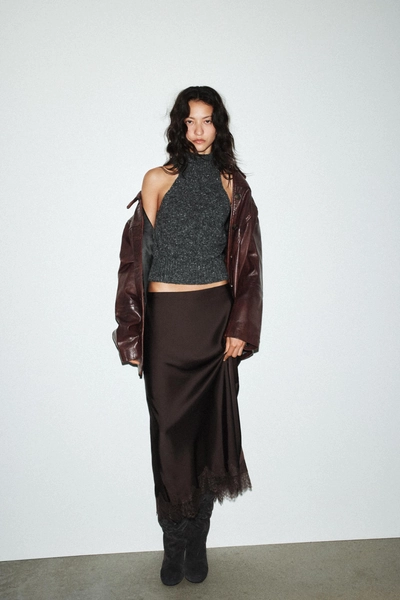 SATIN EFFECT LACE MIDI SKIRT