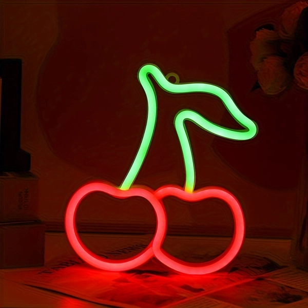 1pc Cute Cherry Neon Light | USB or Battery Powered LED Night Light, Suitable for Bedrooms, Wedding Supplies, Birthday Parties, Game Rooms, Anniversaries, Valentine'S Day Home Decoration, Wall Hanging, Plastic Material