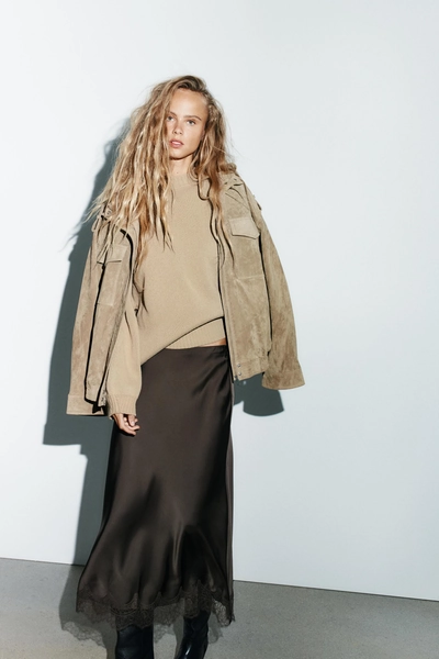 SATIN EFFECT LACE MIDI SKIRT - Chocolate brown | ZARA United States