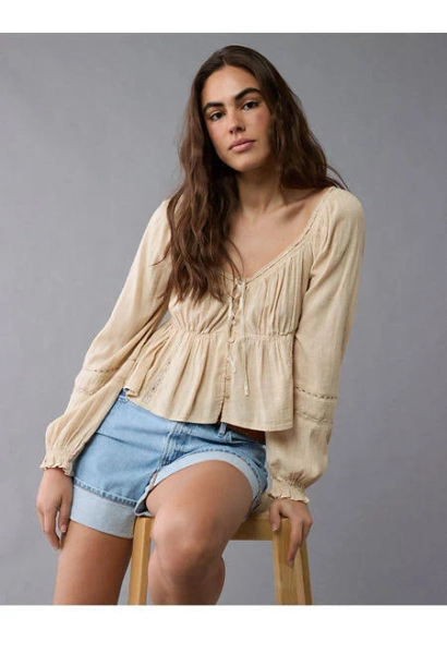 AE Women's Long-Sleeve Babydoll Blouse