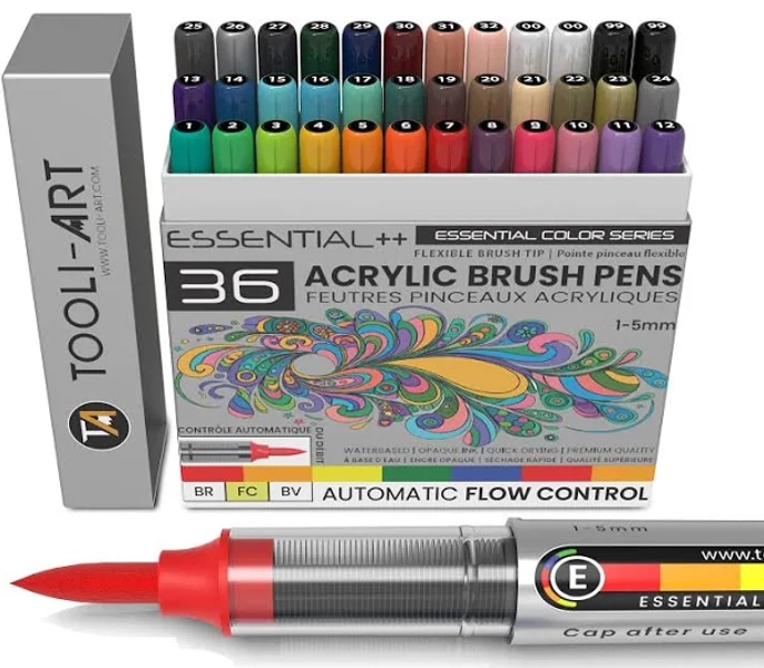 36 Essential Colors Flexible Brush Tip Acrylic Paint Pens