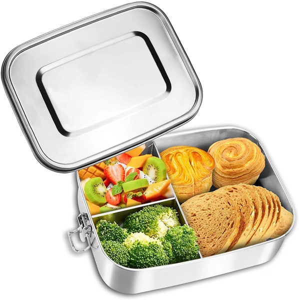 Stainless steel lunch box, stainless steel leak-proof lunch box, lunch box with 3 dividers, plastic-free lunch box, bento box for adults