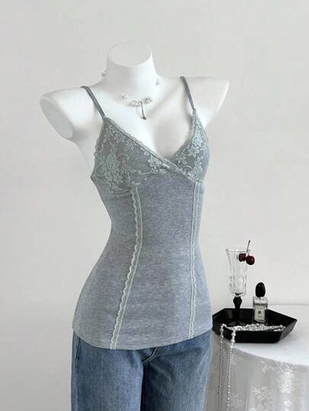 Elamini Women's Lace Patchwork, Knitted High Elasticity Ribbed Camisole