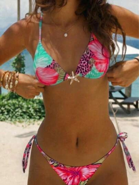 2pcs/Set Sexy Leopard & Flower Print Metal Starfish Decor Personalized Bikini Swimwear, Beach Pool Swimwear For Ladies (Color Randomly Chosen), Removable Swimwear Pads, Summer Dresses For Women, Summer Clothes Women, Festival, Skirts, Ibiza Outfits, Swimwear Women, Bikini Set, Swimming Costume Women, Beach Wear Women, Holiday Co Ord, Beach Dress, Bikinis For Women Sets, Swimwear
