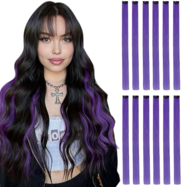 Kids DOORES 12 Pcs Colored Hair Extensions 22 Inch Pink Hair Extensions Clip in Synthetic Hair Party Highlights Hair