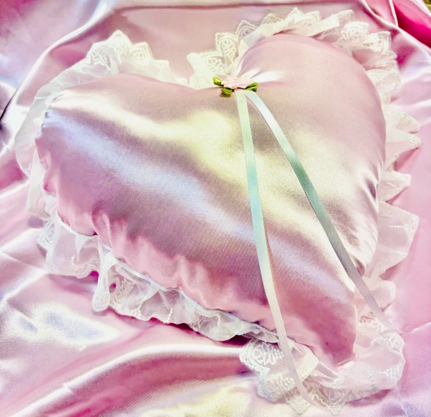Satin Pink heart with bow, lace, and three satin roses.
