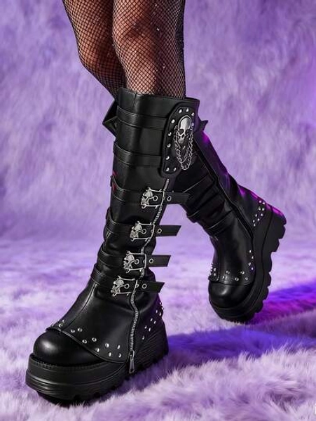 Women Wedge Punk Mid Calf Boots Ladies Shoes Platform Knee High Goth Boots With Chain Zipper Buckle Decor Chunky Heel Combat Boots ALL Season Outdoor Footwear