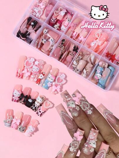 Sanrio Sanrio Hello Kitty 240Pcs(10Mixed) Medium Square French Tip Press On Nails With Cute 3D Hello Kitty & Kuromi‌ Decoration ,Bow And Heart And Faux Pearl Design,Perfect Fit Acrylic False Nails Set, Including 1 Jelly Glue And 1 Nail File, Hello Kitty Nails For Women And Girls Daily Life And Party Use Nail Supplies Nails