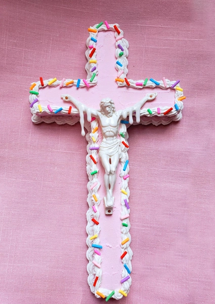 Pink cake SWEET JESUS crucifix cross with Jesus wallhanging sprinkles frosting fake sweets pop art kawaii cute decor