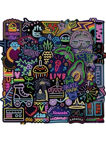 50pcs Cool Neon Lights Stickers, Vinyl Waterproof Stickers For Computer Refrigerator Luggage Phone,Colorful Stickers For Teens Adults