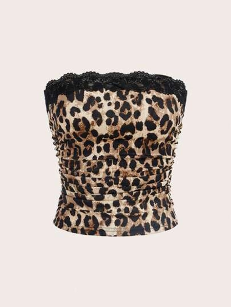 SHEIN EZwear Women's Leopard Print Lace Trim Bandeau Tube Top
