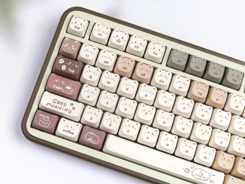 Coffee Cat Keycap Set – 140 Keys PBT MAO Profile, Cat-Inspired Colorway, Mechanical Keyboard Keycaps, Whimsical Feline Style