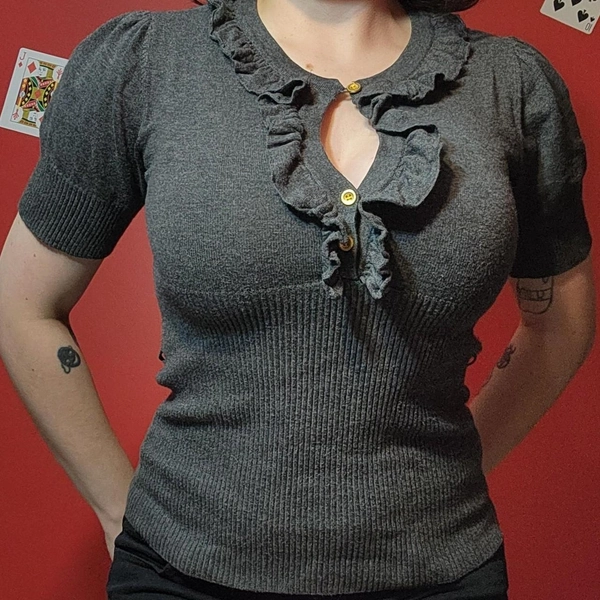 vintage ruffle top, dark grey with ruffle detailing...