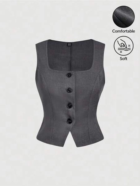 SHEIN MOD Vintage Gray Suit Vest,Elegant Business Corporate Office Wear For Women,Autumn Casual Comfortable Commuting Old Money Aesthetic School Work Clothes - Size S