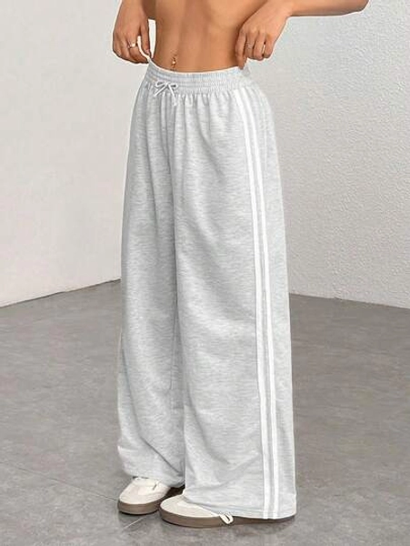 SHEIN Tween Girls' Loose Fit Floral Print Sweatpants With Ribbon, Casual & Fashionable For Everyday Wear Wide Leg Sweatpants Grey Sweatpants Sweatpants With Stripes Wide Leg Pants Loose Sweatpants Fall Winter