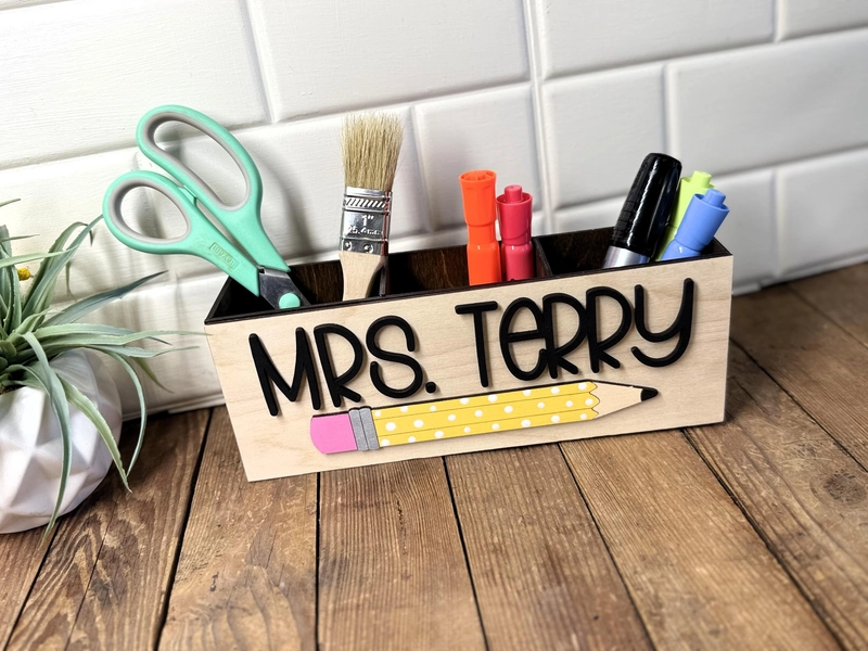 Personalized Teacher Pen Holder: Hand-Painted Wooden Desk Organizer