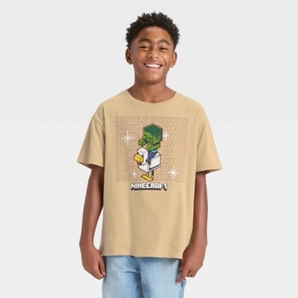 Boys' Minecraft Chicken Jockey Short Sleeve Oversized Graphic T-Shirt - Beige M
