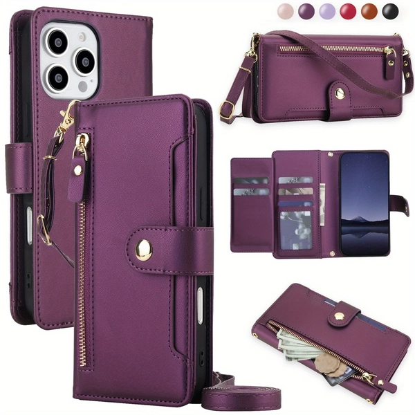 AWQUER PU Faux Leather Wallet Case Compatible with for iphone 17 Air 16E 16 15 14 Plus 13 12 Mini 11 Pro X XS Max XR 8 7 Plus SE 5G 2022 2020 SE3 SE2, Kickstand Crossbody Zipper Mobile Phone Bag with Wrist Strap Cover