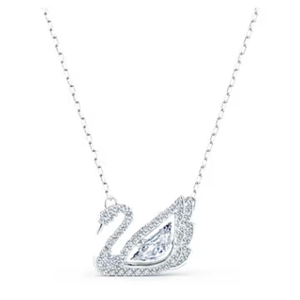 Swan necklace, Dancing swan, White, Rhodium plated
