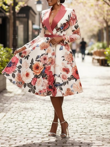 pink   block lapel floral print waist midi dress - Temu