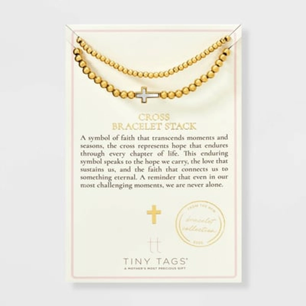 Tiny Tags 14K Gold Ion Plated with Mother of Pearl Inlay Cross Beaded Stretch Bracelet Set - Gold
