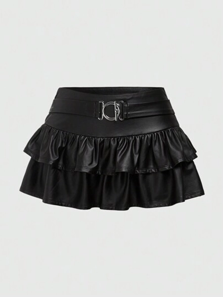 ROMWE PUNK Ladies' Double Layer Ruffle Hem Skirt, School - Size S