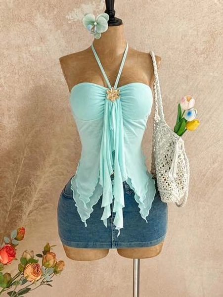 Soleia Women's Asymmetrical Hem Camisole With Seashell Decor, Suitable For Beach Vacation, Summer Summer Spring Valentine's Day Casual Vacation  Beach Wedding Birthday Going Out Elegant Casual Vacation Beach Tops For Women Sexy Summer Top Sexy Tankini Swimsuit Swimsuits For Woman Top Vintage Swimsuit Summer Spring Valentine's Day Casual Vacation  Beach Wedding Birthday Going Out Elegant Casual Vacation