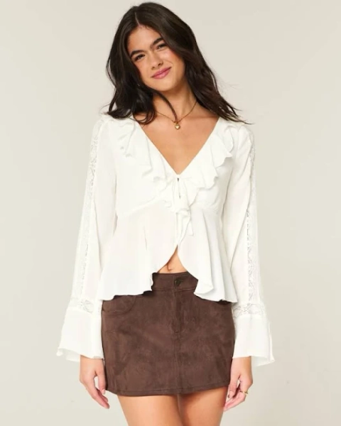 Hollister Women's Easy Long-Sleeve Ruffle Babydoll Top