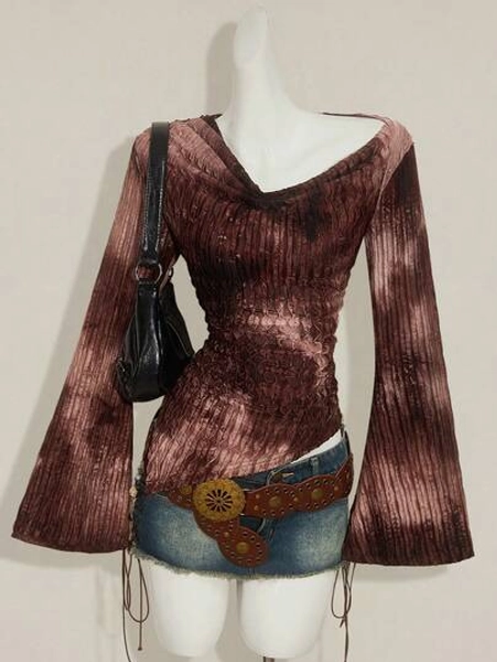 SHEIN ICON Fall Women's Western Boho Vintage Goth Off Shoulder Going Out Tie-Dye Print Asymmetric Hem Long Sleeve Flare Sleeve Fashion T-Shirt