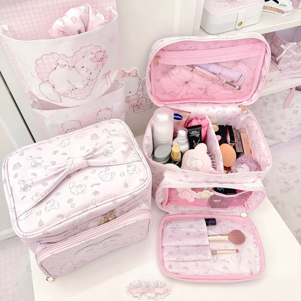 Cartoon Cat Printed Handheld Makeup Bag Anime Cute Large Capacity Storage Bag Portable Waterproof Travel Pink PU Storage Bag