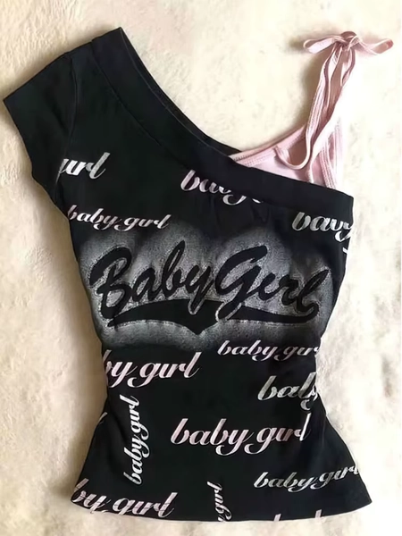 Y2k Black Pink False-Two Off Shoulder Short sleeve T Shirt Women Sexy Body Summer Top Lady Bachelorette Party Crop Shirt Korea - AliExpress 200000345