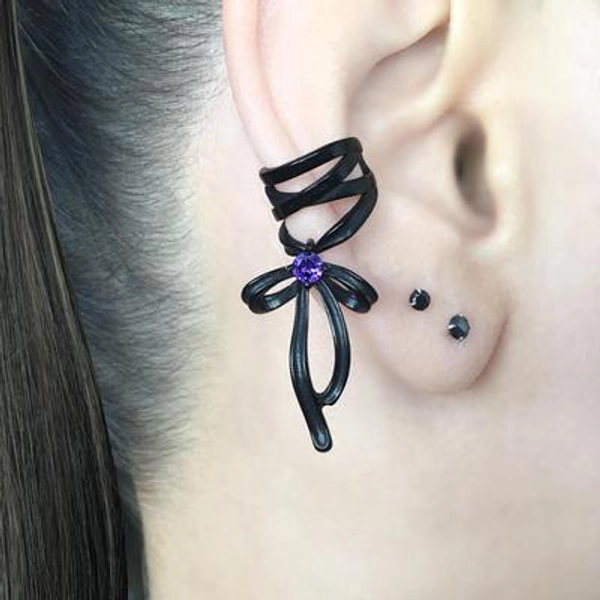 Bow ear cuff,Wrapped ribbon with bow ear cuff, gothic ear cuff, single earring, gothic earring, ear cuff, cuff earring,fake piercing