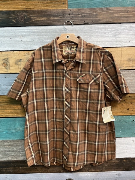 Mossy Oak Mens Button Down Short Sleeves Shirt Size XL Brown/ Tan/ Black Plaid