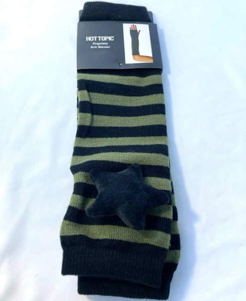 Hot Topic Fingerless Arm Warmers Black Olive Green Striped Star Gothic
