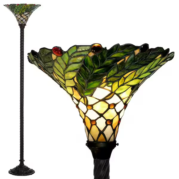 Warehouse of Tiffany 72 in. Antique Bronze Green Leaf Stained Glass Floor Lamp with Foot Switch 3742+BB75B