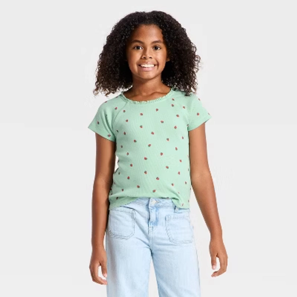 Girls' Short Sleeve Fitted Ribbed Strawberry T-Shirt - Cat & Jack™ Dusty Mint Green S