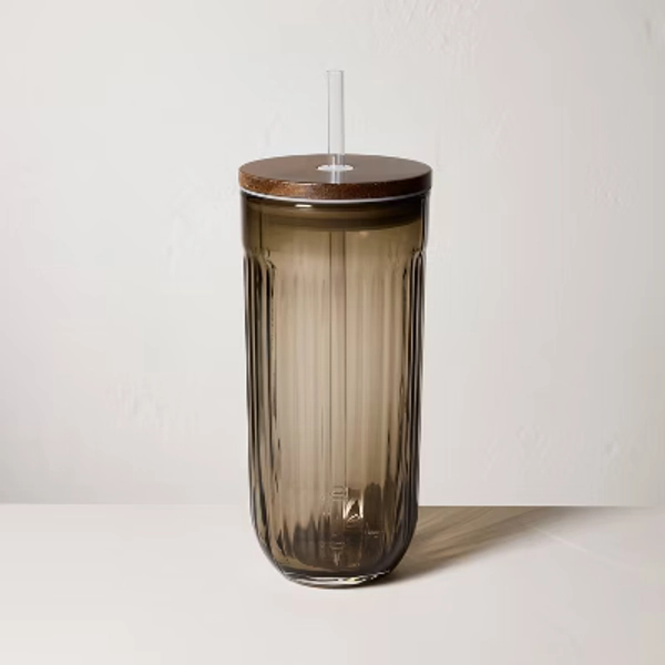 21oz Fluted Glass Tumbler with Wood Lid Brown - Hearth & Hand™ with Magnolia
