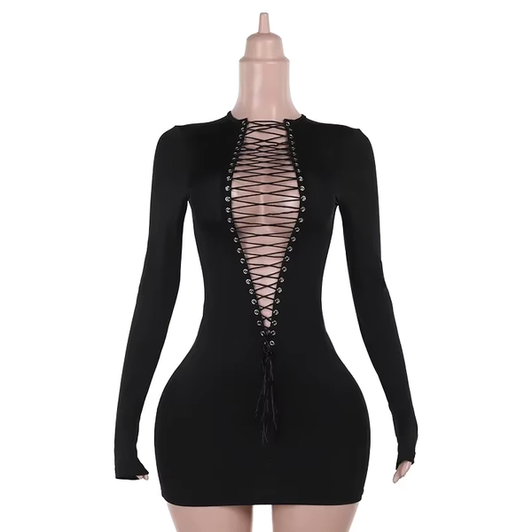 Sexy Hollow Out Drawstring Bandage Womens Black Goth Dress 2026 Spring Fashion Long Sleeve Party Club Dresses Mini Bodycon Robe - AliExpress 200000345