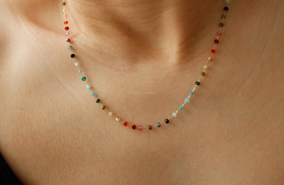 Colorful Rainbow Small Crystal 1.5mm Beaded Necklace, Gem Seed Gold Chain Boho Clavicle, Dainty Minimal Jewelry, Bridesmaid Bestie Her Gift